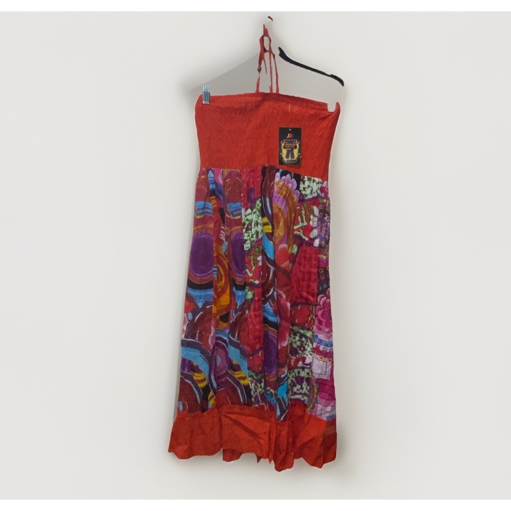 Nwt Floral Patchwork Strapless Mini Dress Halter  Festival Sundress One Size Red